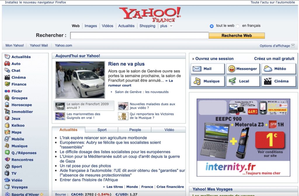 Capture d’écran du site Yahoo France en 2009