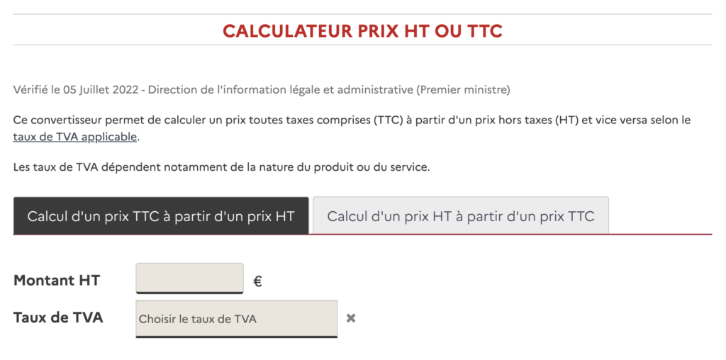 Calculateur de prix HT ou TTC du service public