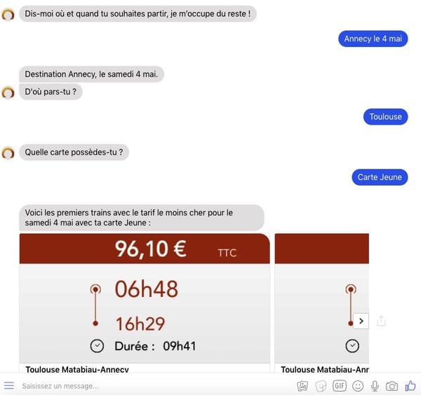 Chatbot messenger SNCF