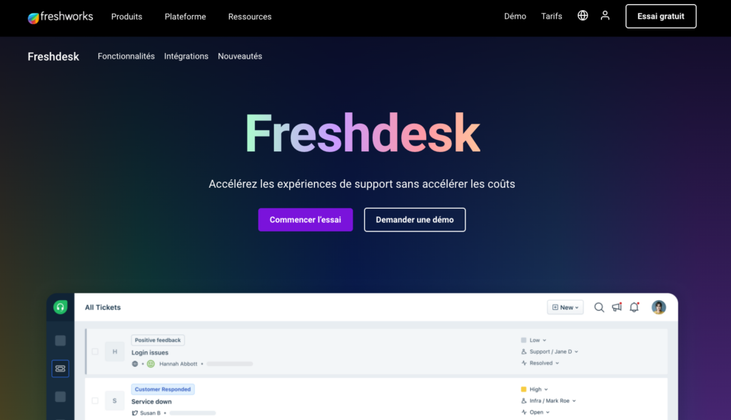 Page d'accueil de Freshdesk, outil de support client