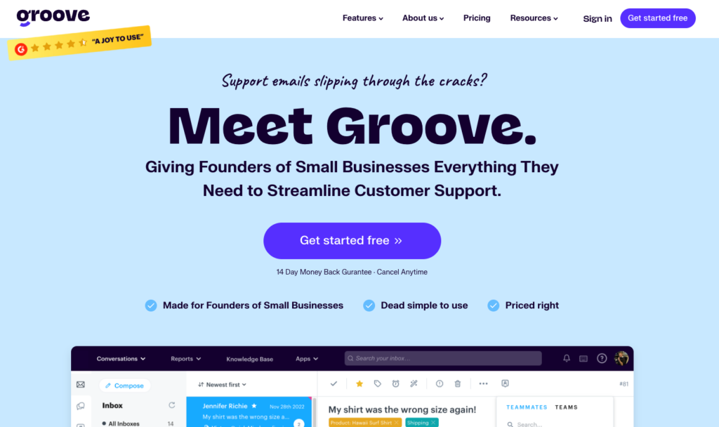 Page d'accueil de l'outil de support client Groove