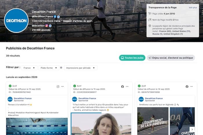 Facebook Ads Library Decathlon France