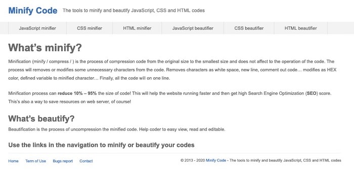 Minify Code outils de compression de code