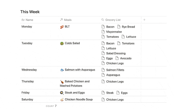 Meal Template notion