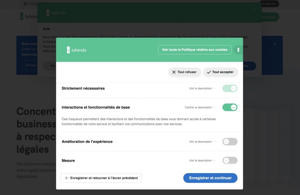 choix des cookies personnalisé avec iubenda