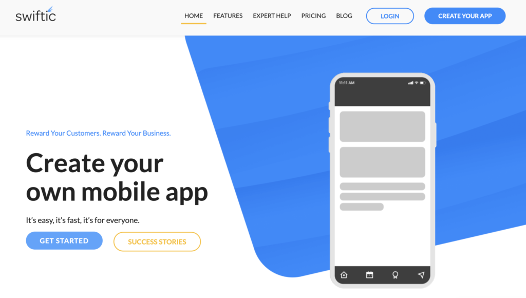 Page d'accueil de Swiftic pour créer des applications mobiles