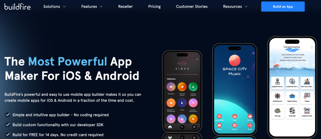 Page d'accueil du site de création d'application mobile Buildfire