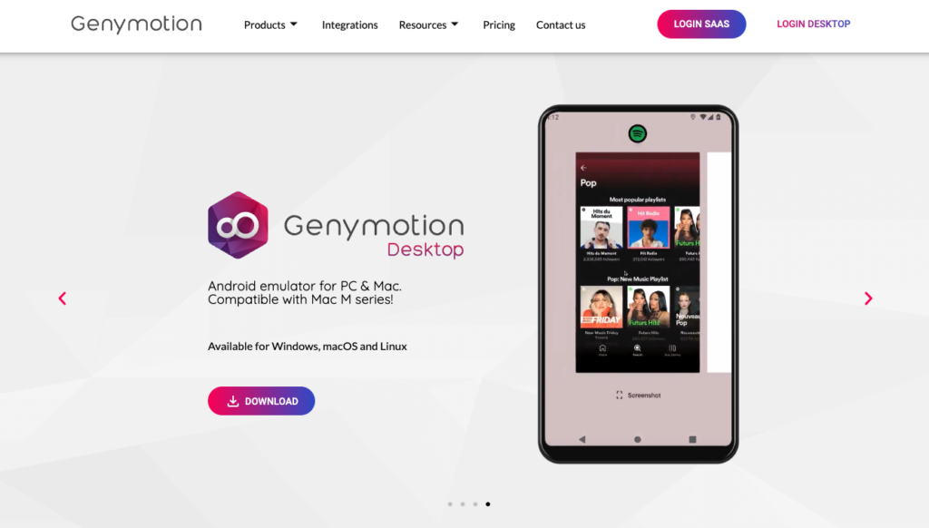 Capture d'écran du site du logiciel de création d'application Android Genymotion