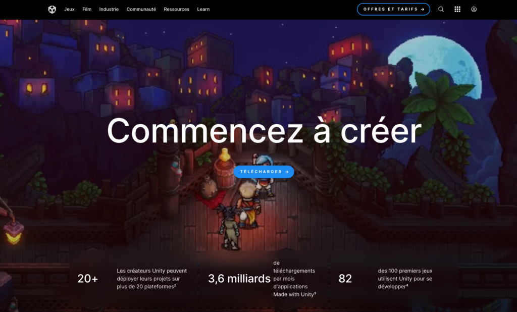 Capture d'écran du site de l'outil de création de jeux Android Unity