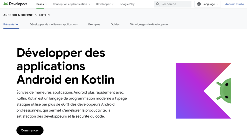 Page d'accueil du site de la documentation Kotlin