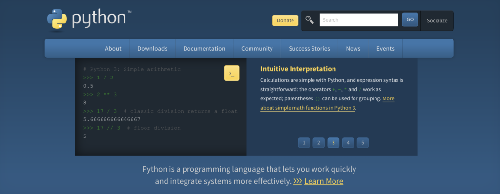 Page d'accueil du site de la documentation Python