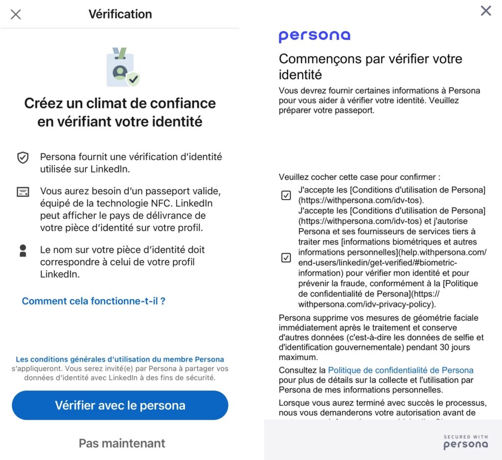 Processus de vérification d'identité LinkedIn avec Persona