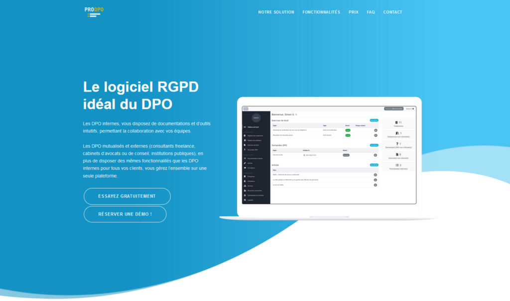 Capture d'écran du site du logiciel RGPD ProDPO