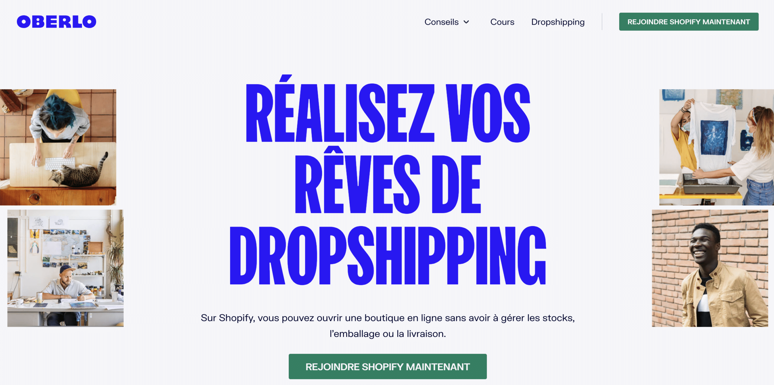 Page d'accueil de la solution de dropshipping Oberlo