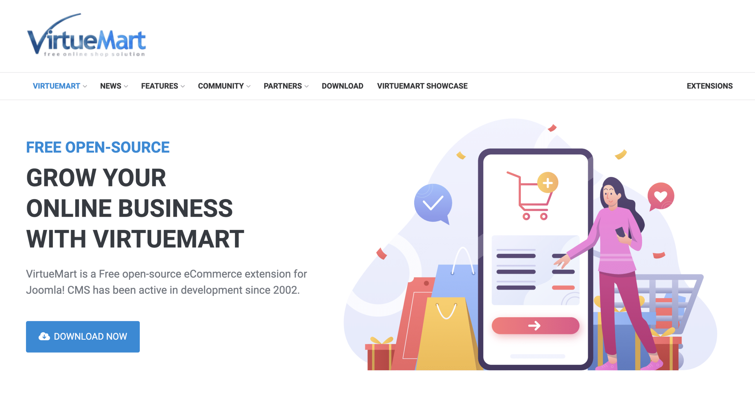 Page d'accueil du site de l'extension e-commerce VirtueMart.