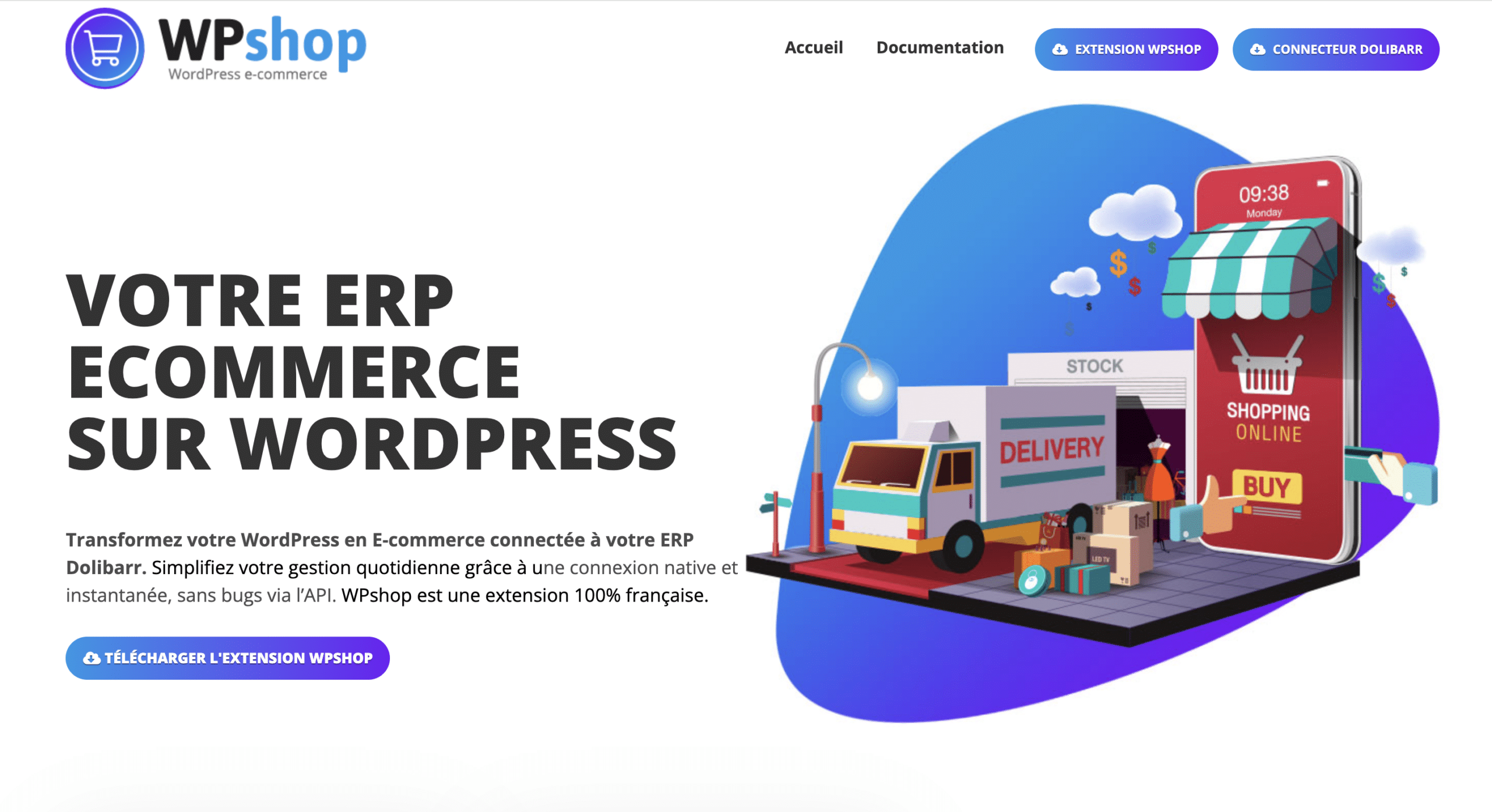 Page d'accueil de l'extension e-commerce WPshop.