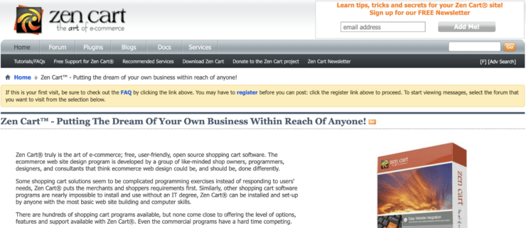 Page d'accueil du site du CMS e-commerce Zencart.
