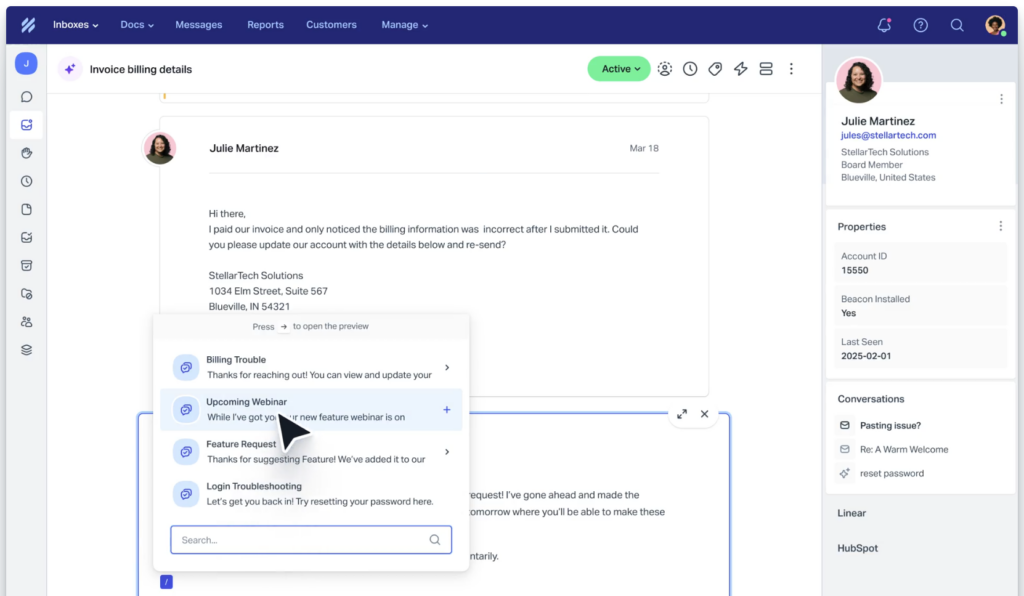 Help Scout helpdesk intégrant des fonctionnalités IA