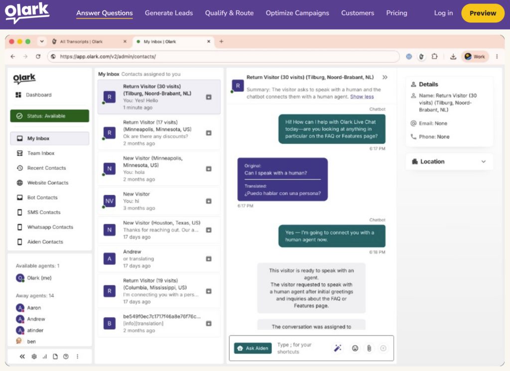 Olark logiciel de chat illimité