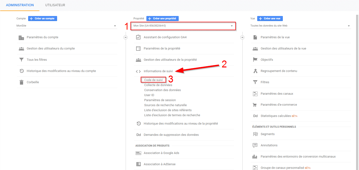 Administration du code de suivi Google Analytics