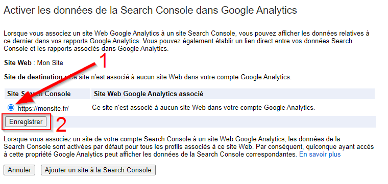 sélectionner un site sur la Search Console