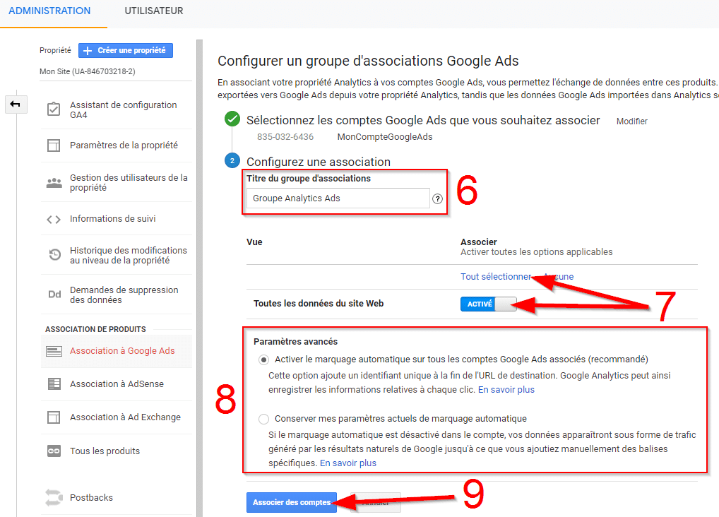 associer comptes google analytics google ads