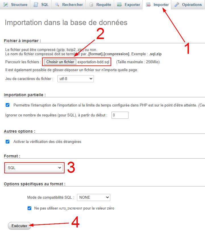 Importer la base de données PHP my Admin